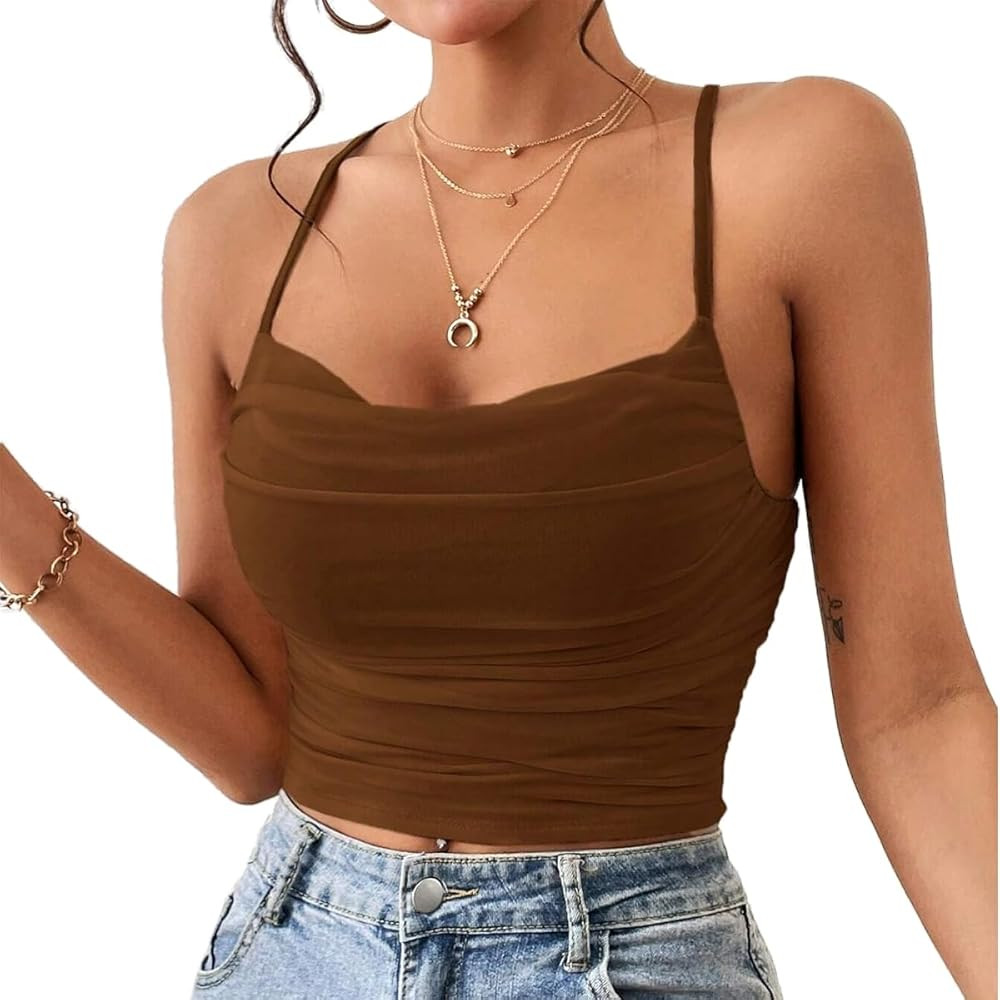 Women Sexy Spaghetti Strap Cowl Neck Ruched Crop Cami Top Summer Y2K Backless Criss Cross Back Cr... | Amazon (US)