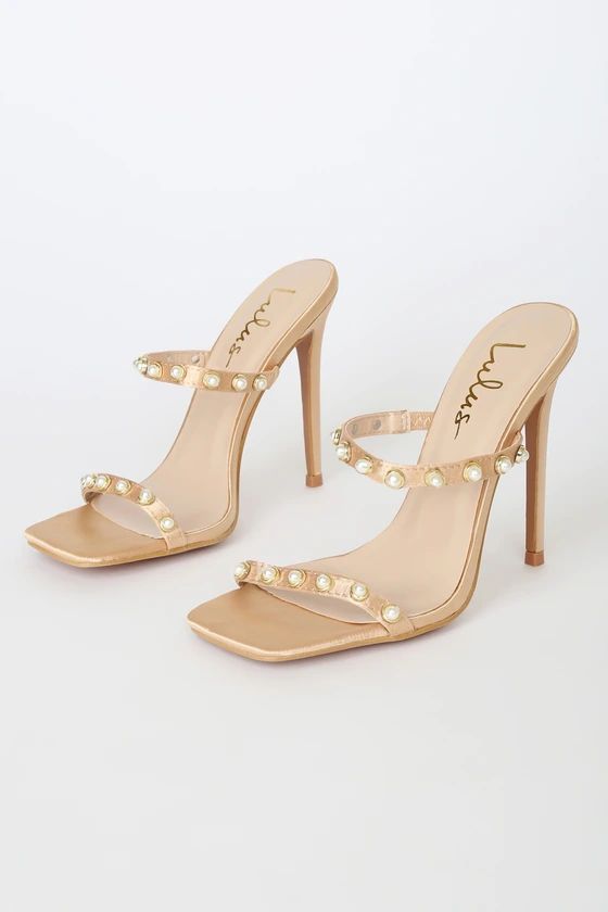 Luwe Gold Satin Pearl Square Toe High Heel Sandals | Lulus (US)