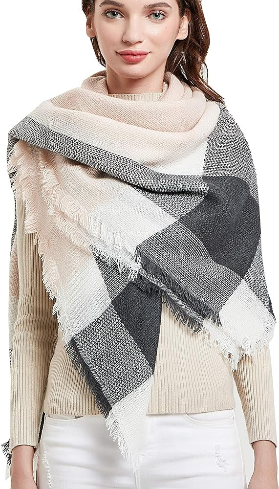 Wander Agio Womens Warm Scarf Square Shawls Large Infinity Scarves Stripe Plaid Scarf | Amazon (US)