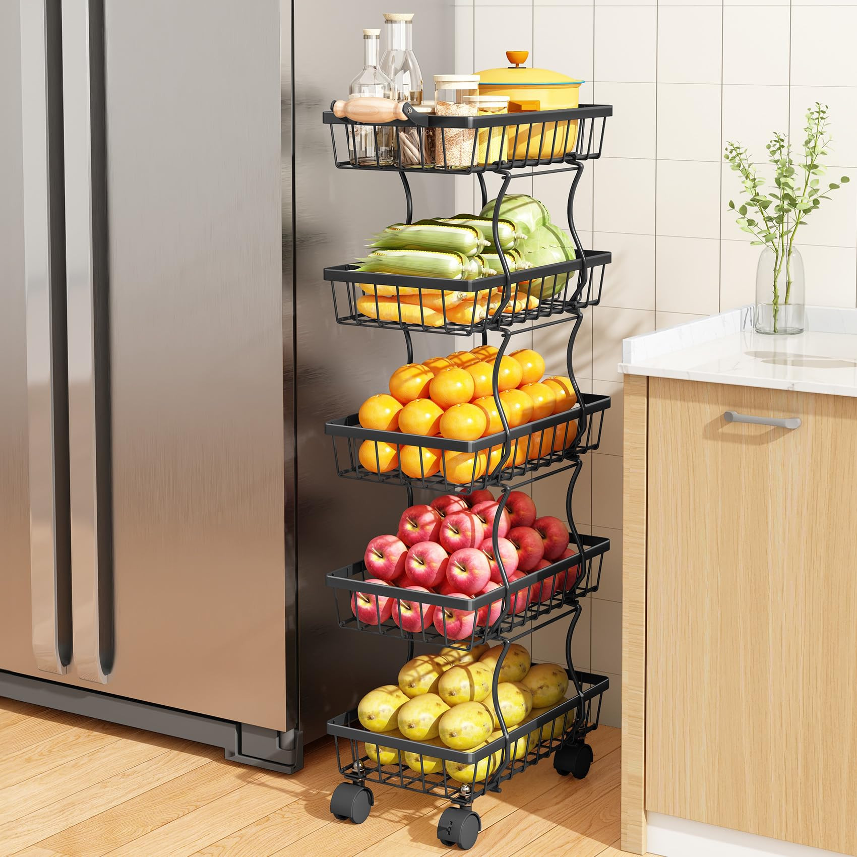 Fruit Basket Kitchen Pantry Organizers and Storage - 5 Tier Stackable Metal Wire Basket Stand for... | Amazon (US)