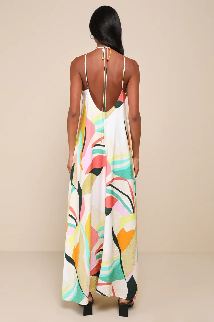 Wonderful Bliss Beige Multi Abstract Print Backless Maxi Dress | Lulus