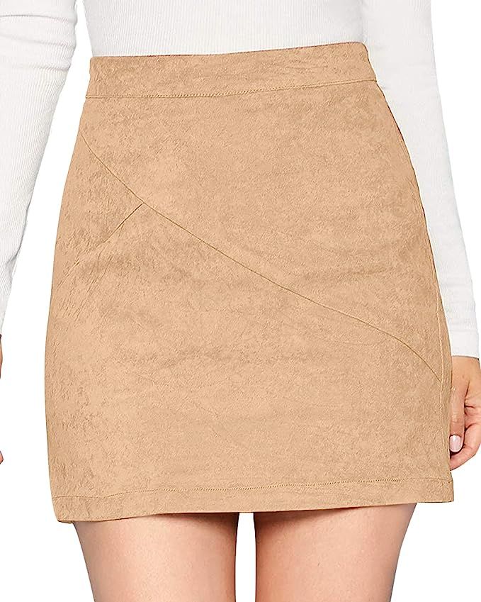 MANGOPOP Women's Basic Faux Suede High Waist A-line Mini Pencil Bodycon Skirt (A Khaki, Medium) a... | Amazon (US)