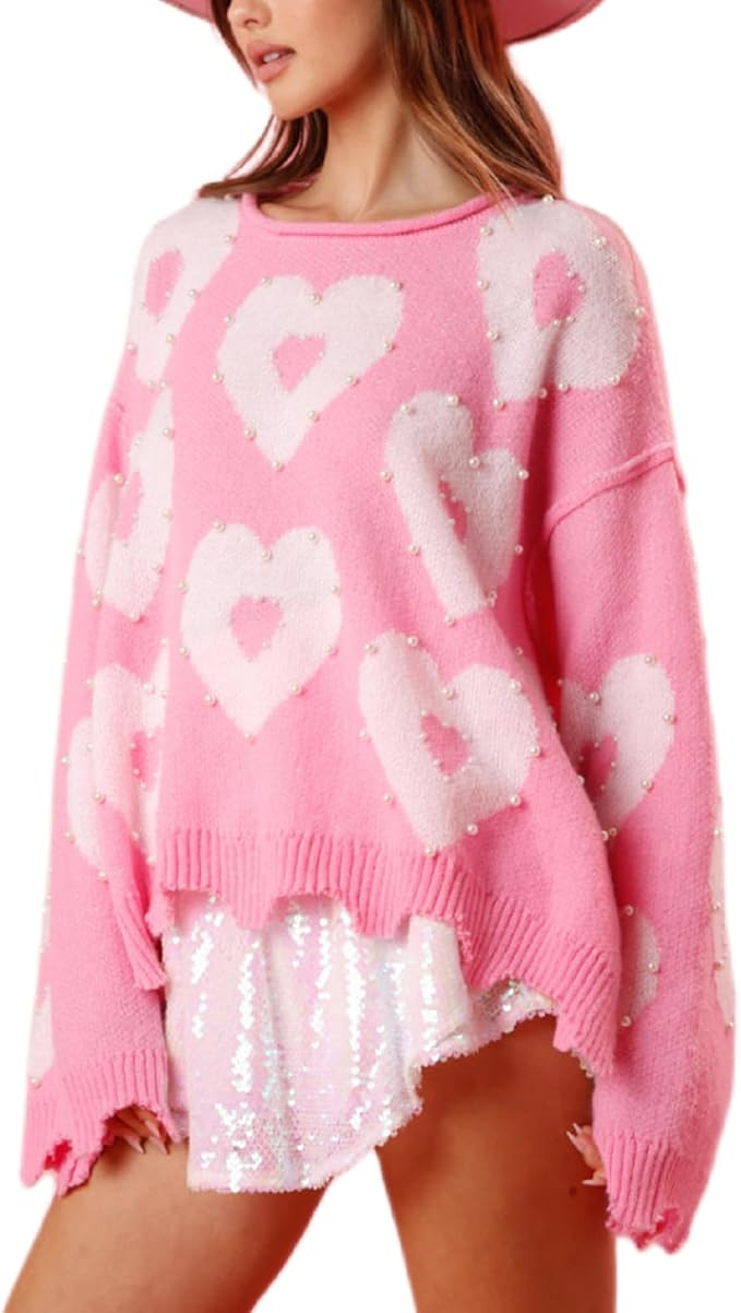 Pearl Sweater for Women Love Heart Graphic Knitted Sweatshirts Cute Oversized Pullover Shirts | Amazon (US)
