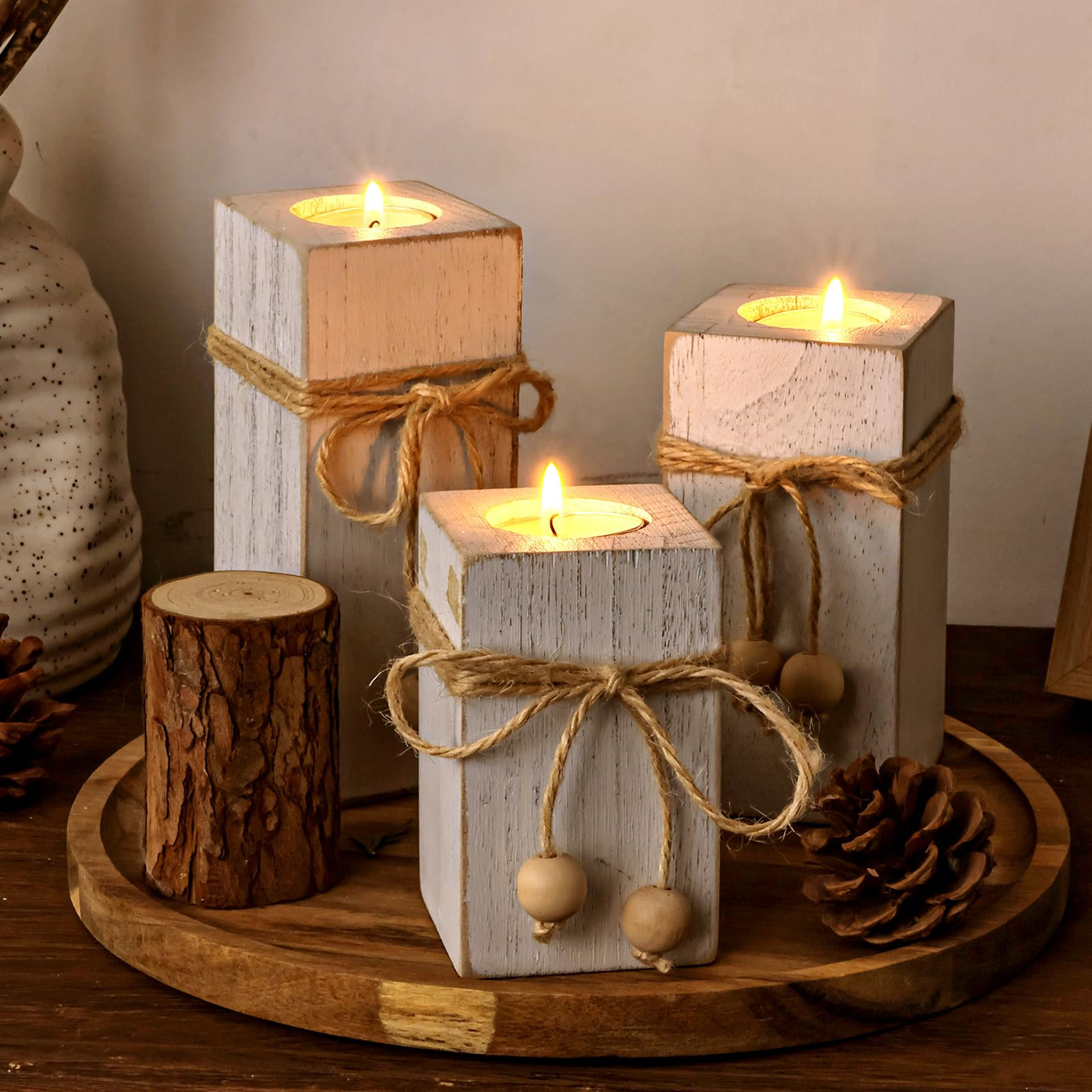 MelonBoat Rustic Flameless LED Candles 3-Pack, Battery Operated Candles with Wooden Candle Holder... | Amazon (US)