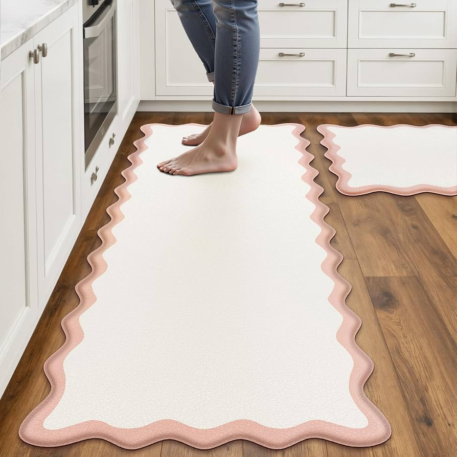 Arenarug Scalloped Kitchen Mats for Floor, Pink Kitchen Rugs Set of 2 | Amazon (US)