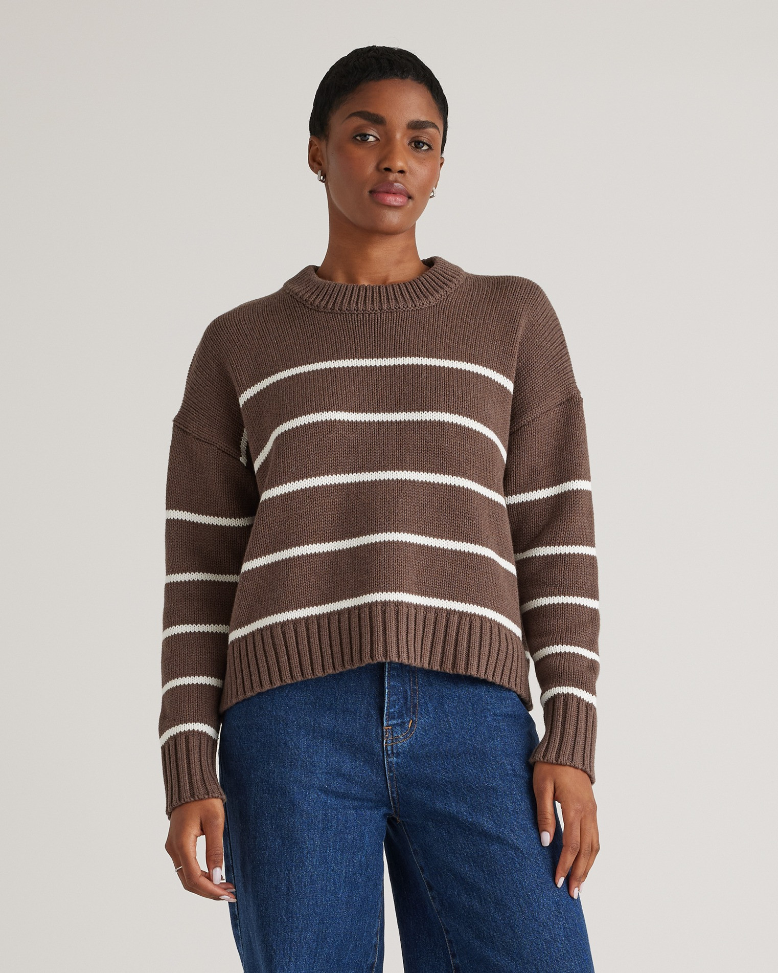 Quince | Women's Striped Crew Sweater in Heather Brown/Ivory, Size XS, Organic Cotton | Quince