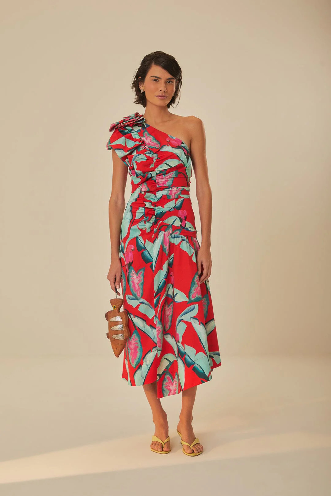 Red Summer Foliage One Shoulder Maxi Dress | FarmRio (US)