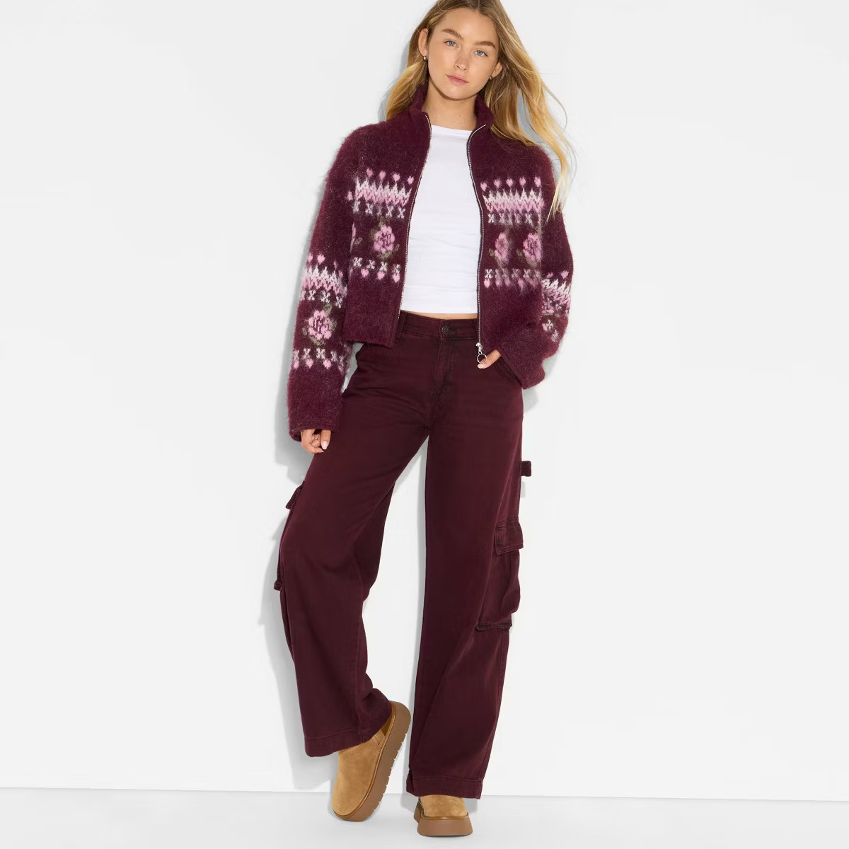 Women's Full Zip Mock Turtleneck Cardigan - Wild Fable™ Burgundy Floral XXS | Target