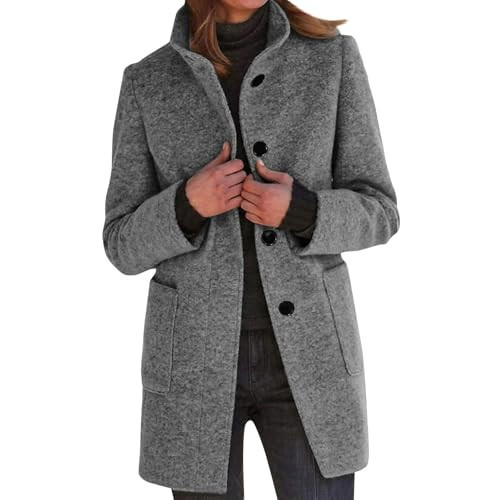 Pea Coats For Women,2024 Casual Winter Coats Long Sleeved Wool Coats Stand Collar Single Breasted Peacoat Fashion Thicken Warm Overcoat Solid Color Long Coat(Light Gray,3XL) | Amazon (US)