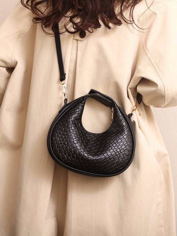 1pc Zipper Closure Solid Color Pu Woven Women's Handbag, Vintage Style Crescent Shape Shoulder Ba... | SHEIN