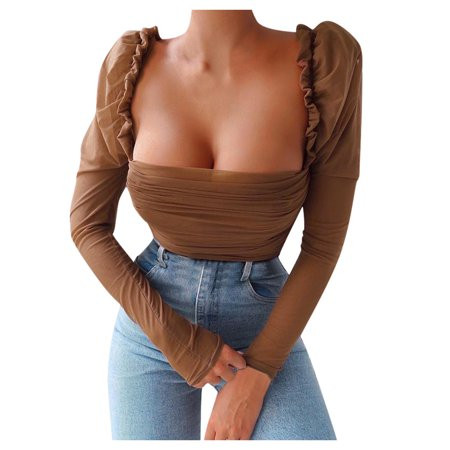 Bospose Long Sleeve Crop Top Brown Top Mesh Top Women Retro Temperament Ruffled Tight-Fitting Top T- | Walmart (US)
