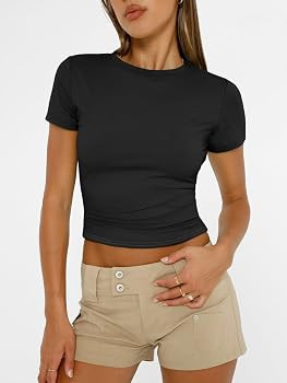 Trendy Queen Womens Short Sleeve T Shirts - Buttery Soft Summer Crop Tops Slim Fit Y2k Basic Tees... | Amazon (US)