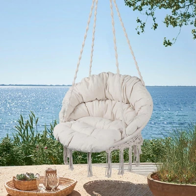 Carla Cotton Rope Beige Fabric Hammock Swing with Cushion for Single Person, Outdoor Furniture - Maison Boucle | Target