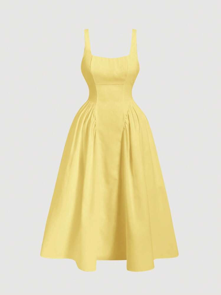 SHEIN MOD Plus Size Yellow Summer Elegant Tea Party Women's Spaghetti Strap Flowy Dress,Backless Bowknot Corset Long Dress,Formal Graduation Wedding Guest Dress | SHEIN