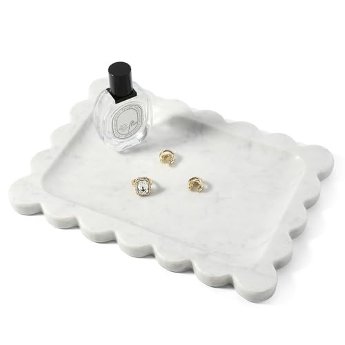 Koville Scalloped Marble Tray, 11"x8" Marble Vanity Tray for Countertop Bathroom Kitchen Dresser, Natural Stone Tray for Jewelry Perfume Home Decor, Decorative Catchall Trays(Bianco Carrara) | Amazon (US)