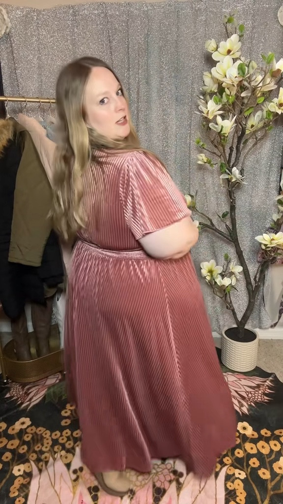 Actually obsessed with this velvet dress — the smocked waist defines without squeezing and the drape is insanely flattering in real life. Plus size velvet dress, fall wedding guest outfit, flattering A-line dress, curve friendly formal look

#LTKootd #LTKPlusSize #LTKSeasonal