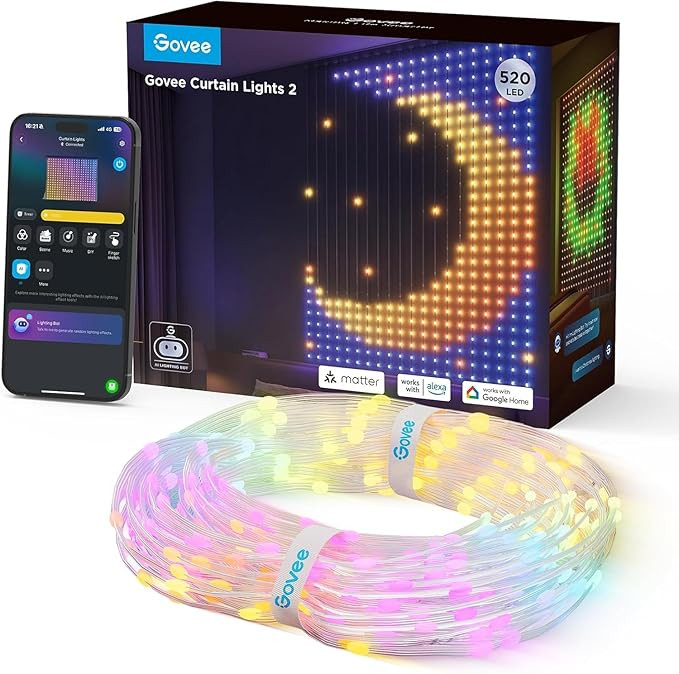 Govee Curtain Lights 2, 520 LEDs, Smart LED Curtain Lights with DIY GIF AIGC, Non-Splicable, RGBI... | Amazon (US)