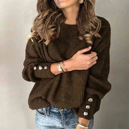 Brown Sweaters for Women Polyester Christmas Sweaters for Women Women s Fashion Solid Color Pullover Round Neck Warm Long Sleeve Sweater M | Walmart (US)