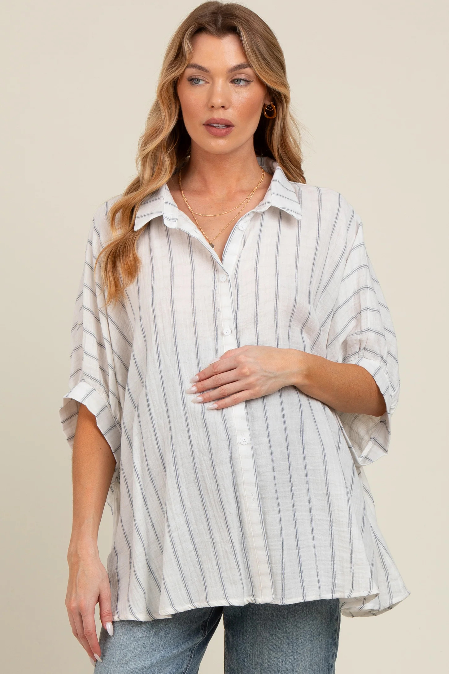 Ivory Striped Collared Oversized Maternity Top | PinkBlush Maternity