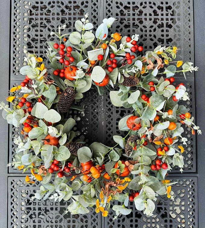26" Fall Door Wreath with Long Eucalyptus & Orange Pumpkin Berry for Autumn | Lifelike Full Eucal... | Amazon (US)