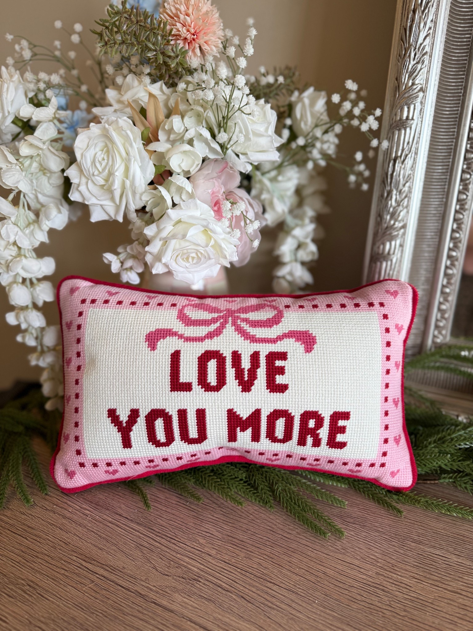 Mackenzie Childs 
Love you more pillow 
Needlepoint pillow 
Cross stitch 

#LTKSeasonal #LTKHome #LTKSaleAlert