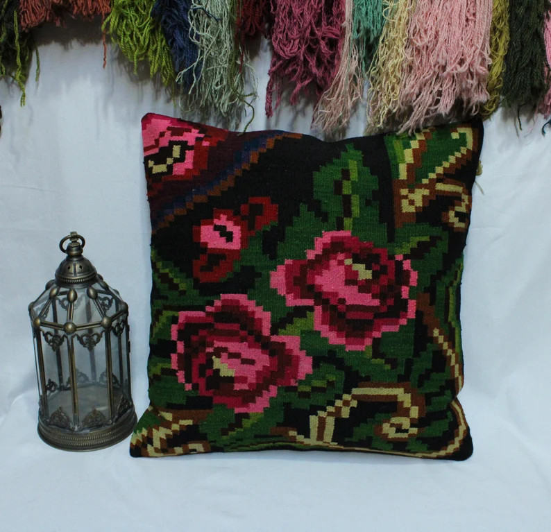 Rose Kilim Pillow Cover: Vintage Wool Turkish Pillow (26''x26'') | Etsy (Global)