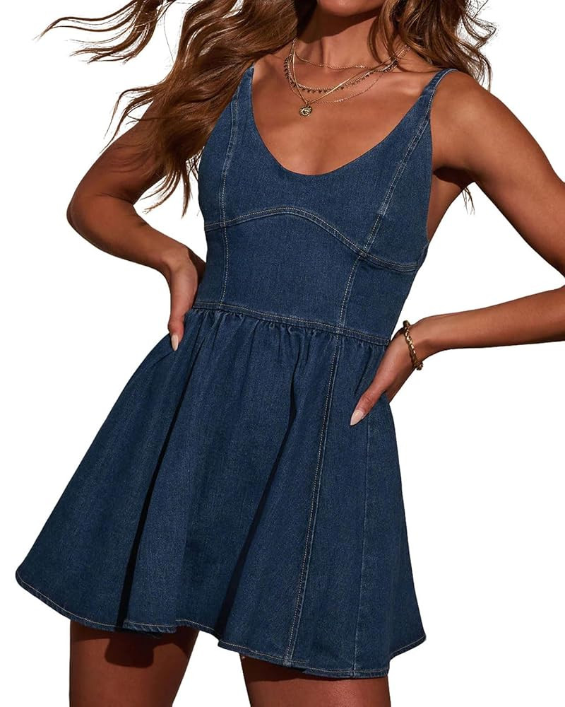 utcoco Womens Y2K Backless High Waist Sleeveless A Line Ruffle Jean Dresses Summer Swing Mini Den... | Amazon (US)