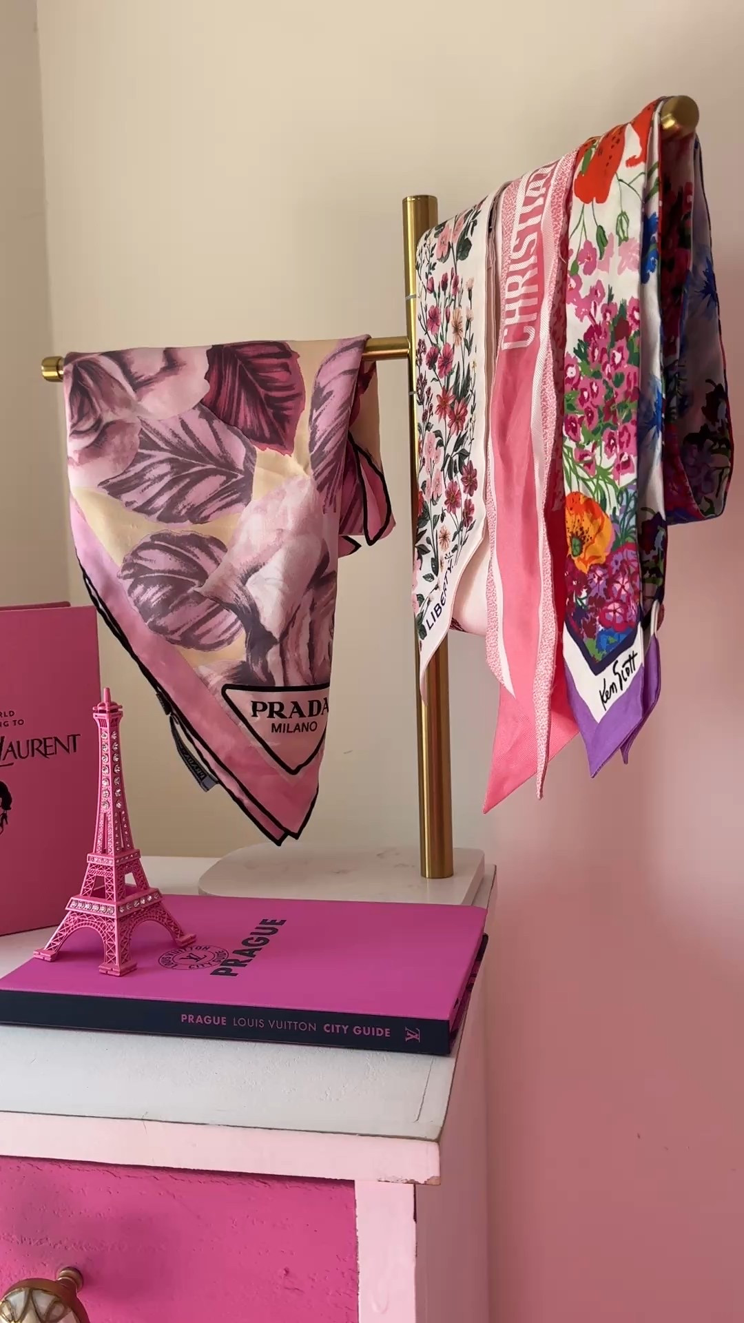 Using a hand towel holder to display my smaller neck scarfs / purse scarfs! Designer. Closet must have. YSL. Louis Vuitton. Dior. Amazon finds. 

#LTKHome