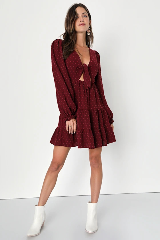 Darling Personality Burgundy Swiss Dot Tie Front Mini Dress | Lulus (US)