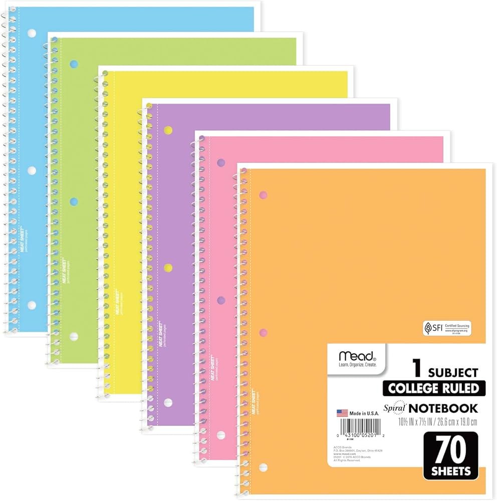 Mead Spiral Notebook, 6 Pack of 1-Subject College Ruled Spiral Bound , Pastel Color Cute school N... | Amazon (US)