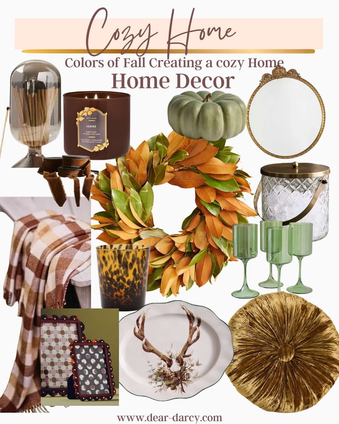 Cozy home decor
Perfect pieces to add warmth and coziness to your home for Fall

Candle, match holder
Plaid throw
Magnolia wreath 
Faux pumpkin
Green glasses 
Round gold mirror
Crystal hold ice bucket 
Round gold velvet pillow 
Brown stone frames
Deer platter
Tortoise water or cocktail glass 


#LTKSeasonal #LTKHome #LTKGiftGuide