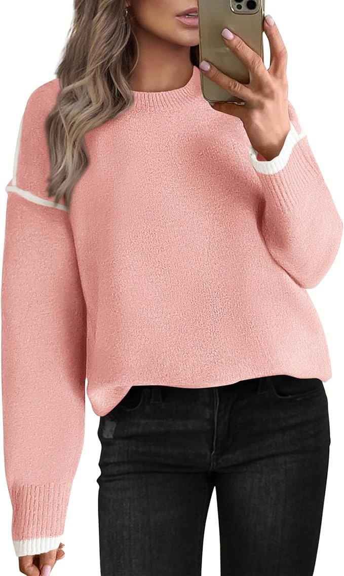 BTFBM Fall Sweaters for Women 2024 Trendy Casual Crew Neck Long Sleeve Loose Ribbed Knit Sweater ... | Amazon (US)