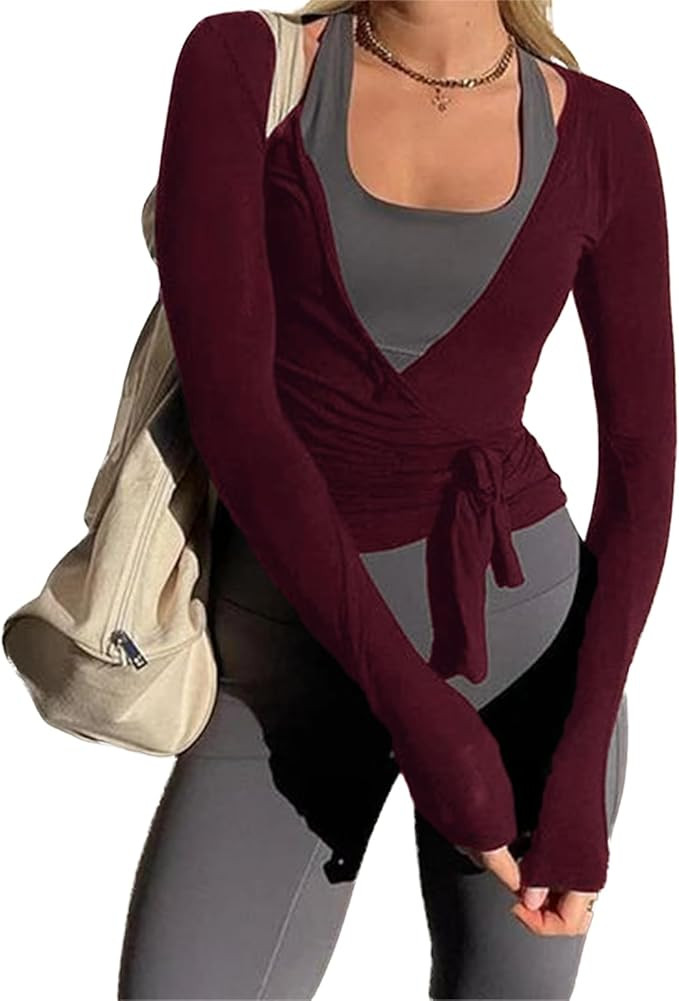 Women Wrap Tie Top Y2k Long SLeeve Ballet Workout Yoga Shirt Coquette Blouses | Amazon (US)