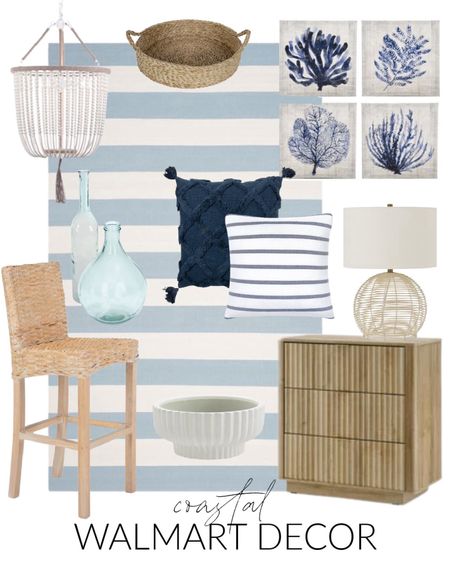 Lots of great affordable home décor pieces from Walmart!  Items include a striped area rug, a rattan barstool, a fluted 3 drawer dress, a woven table lamp, a white ceramic bowl, a blue glass vase, a blue tufted decorative pillow, a blue and white striped pillow, a beaded pendant chandelier, a set of 4 coral canvas art and a woven tray.

look for less home, designer inspired, beach house look, walmart haul, walmart must haves, area rug walmart, home decor, Walmart finds, Walmart home decor, Walmart bedroom, Walmart décor, Walmart home finds, walmart chairs, Walmart table lamps, walmart rugs, simple decor, dining chairs, accent chairs, abstract wall art, art for home, canvas wall art, living room decor, bedroom inspiration, couch throws, neutral design, bedroom area rug, dining room rug, simple decor, coastal decorating, coastal design, coastal inspiration #ltkfamily  #ltksale  

#LTKfindsunder50 #LTKfindsunder100 #LTKSeasonal #LTKhome #LTKsalealert #LTKstyletip #LTKsalealert #LTKfindsunder100 #LTKhome