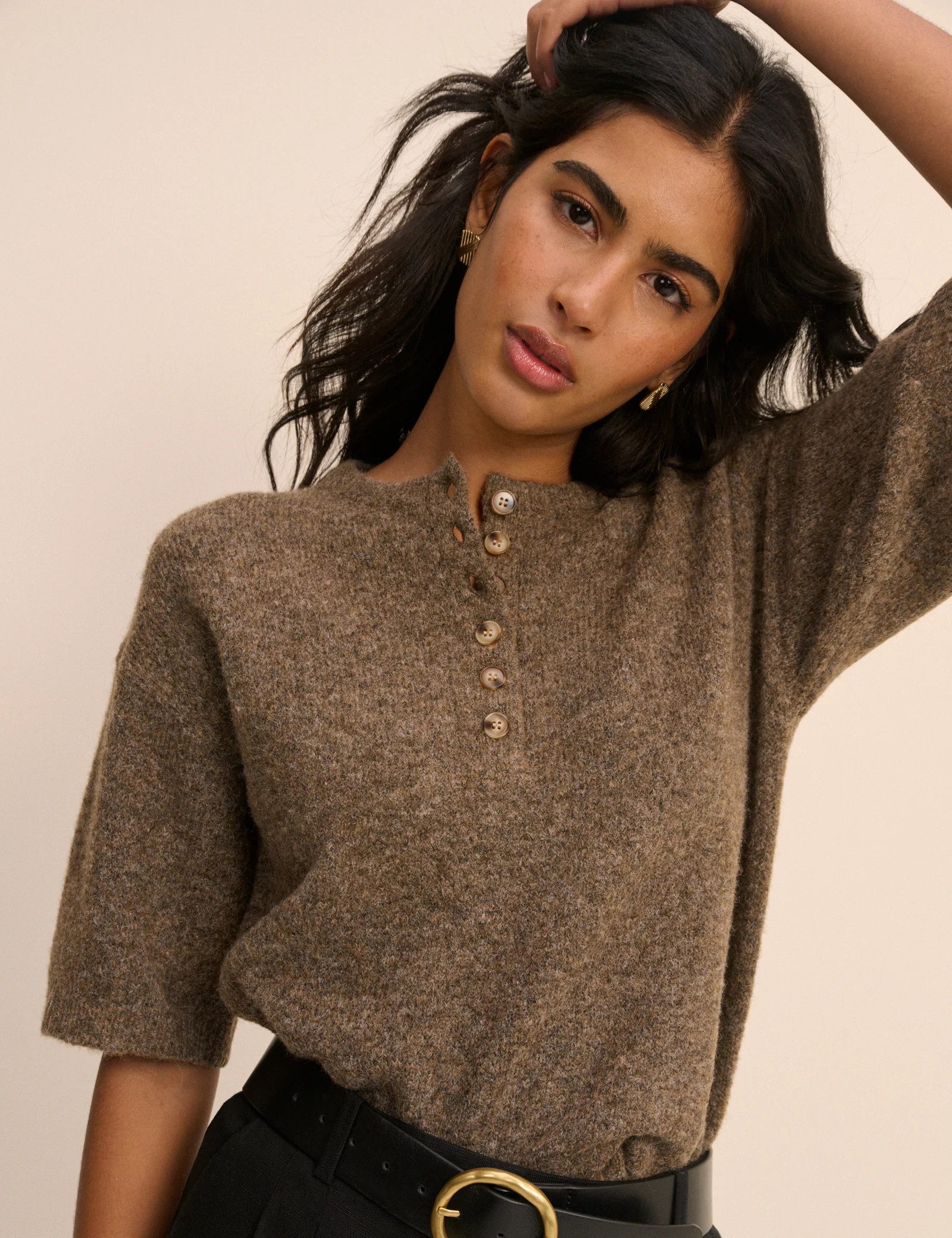 Brown Henley Knitted Top | Nobody's Child