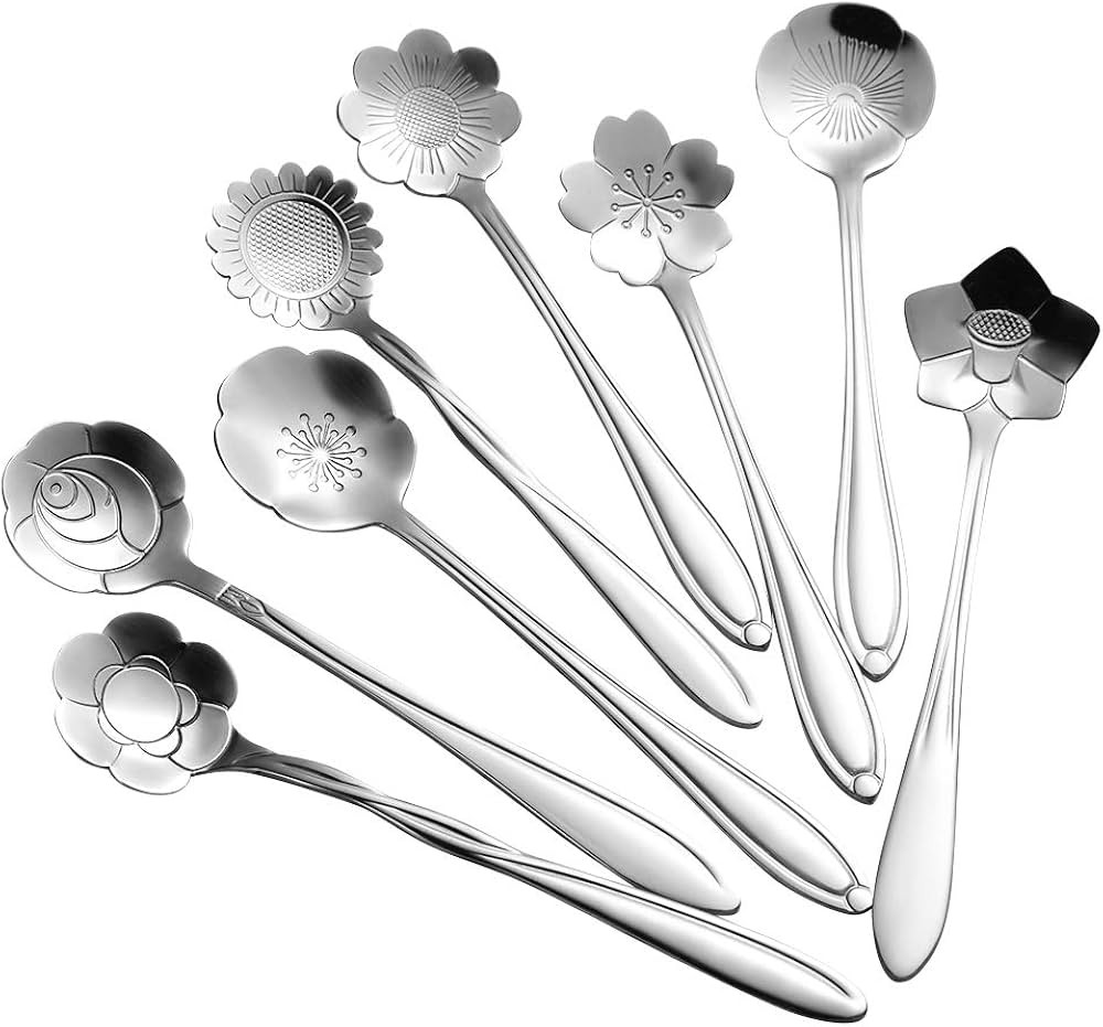 AnSaw 8 Pcs Flower Spoon Set, Stainless Steel Reusable Tea Scoops Stirring Spoon Coffee Spoon Mix... | Amazon (US)