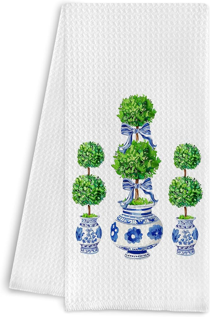 Blue and White Porcelain Chinoiserie Towels, Green Topiary Tree Dish Towels for Kitchen, Hand Tow... | Amazon (US)