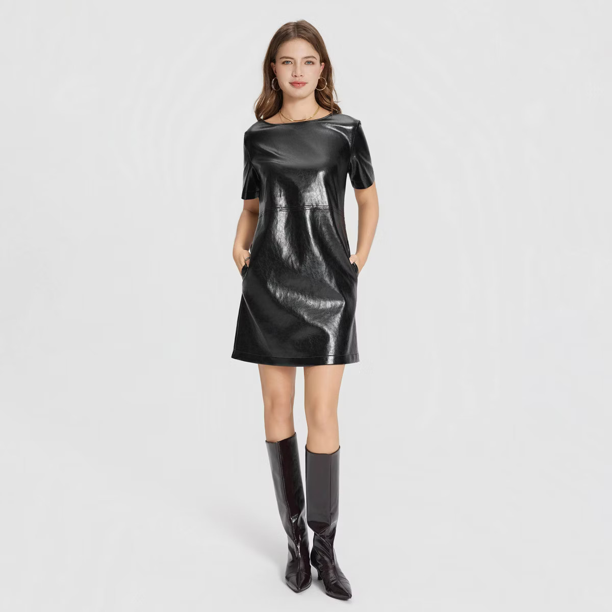 Women's Short Sleeve Faux Leather Mini Shift Dress - A New Day™ Black L | Target