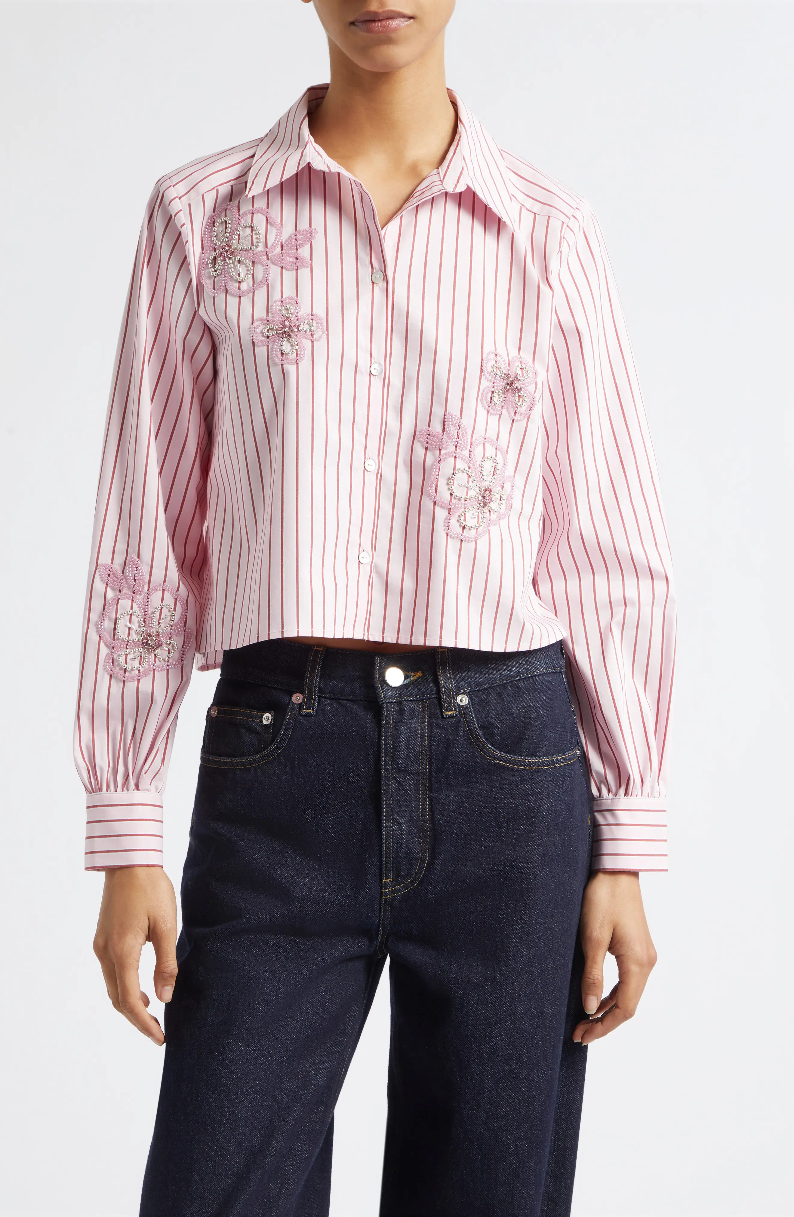 Cinq à Sept Rose Stripe Beaded Flower Button-Up Shirt in Cotton Candy/Crimson Plum at Nordstrom, Size X-Small | Nordstrom