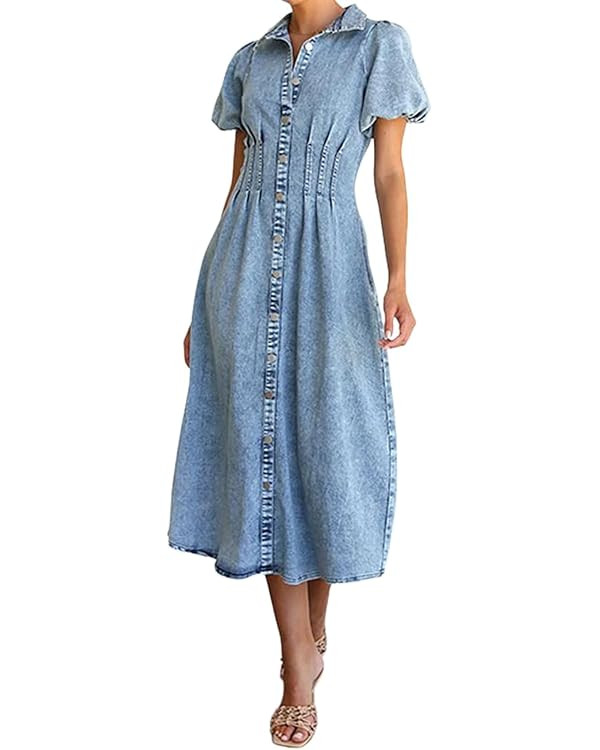 utcoco Women Long Denim Dress Puff Sleeve Button Down Casual Slim Fit Midi Jean Shirt Dress | Amazon (US)