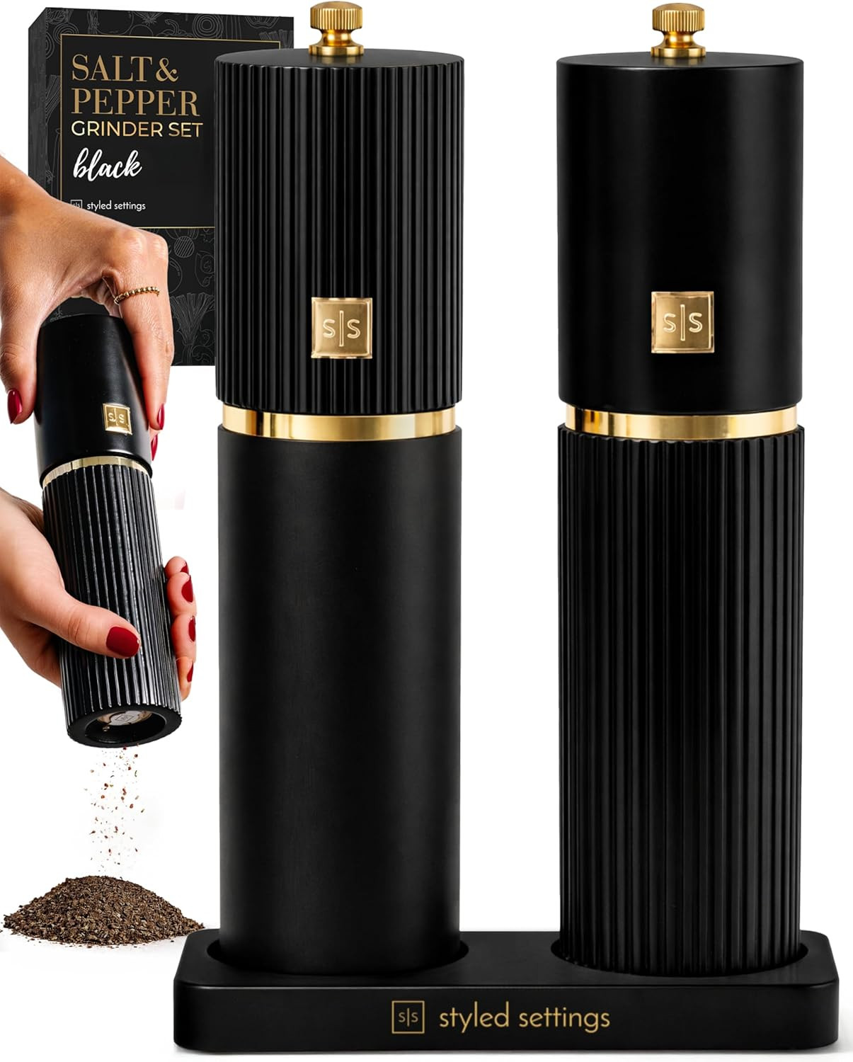Wooden Salt and Pepper Grinder Set – Refillable Manual Salt and Pepper Mills with Adjustable Ceramic Burrs, Gold Detailing, and Wood Stand – Black | Amazon (US)