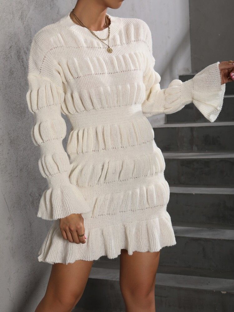 Flounce Sleeve Ruffle Hem Textured Knit Sweater Dress | SHEIN