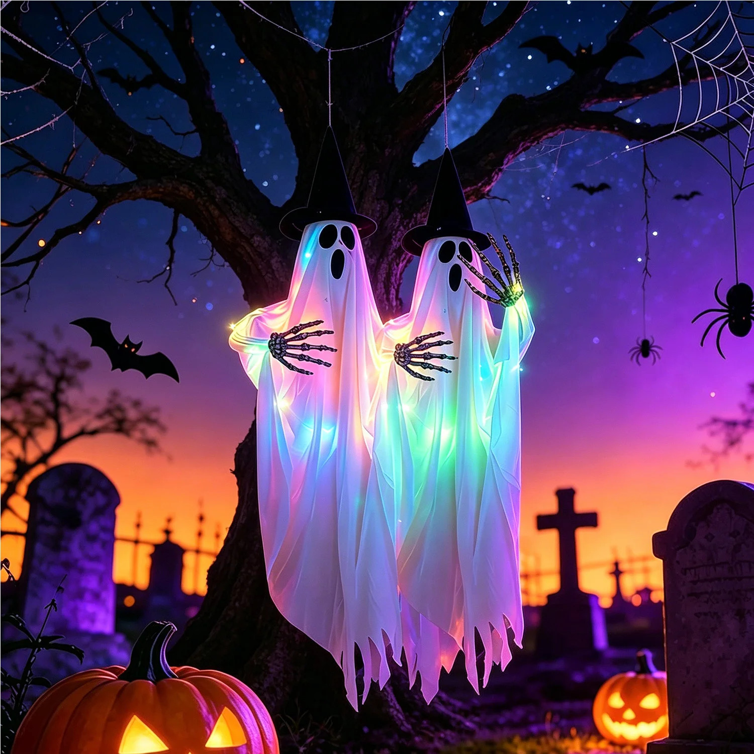 4 Pcs 35.43 Inch Hanging Lighted Ghost Decorations with Witch Hat, Spooky Skeleton Hands Glowing Halloween Hanging Ornament for Indoor Outdoor Party Y | Wayfair North America