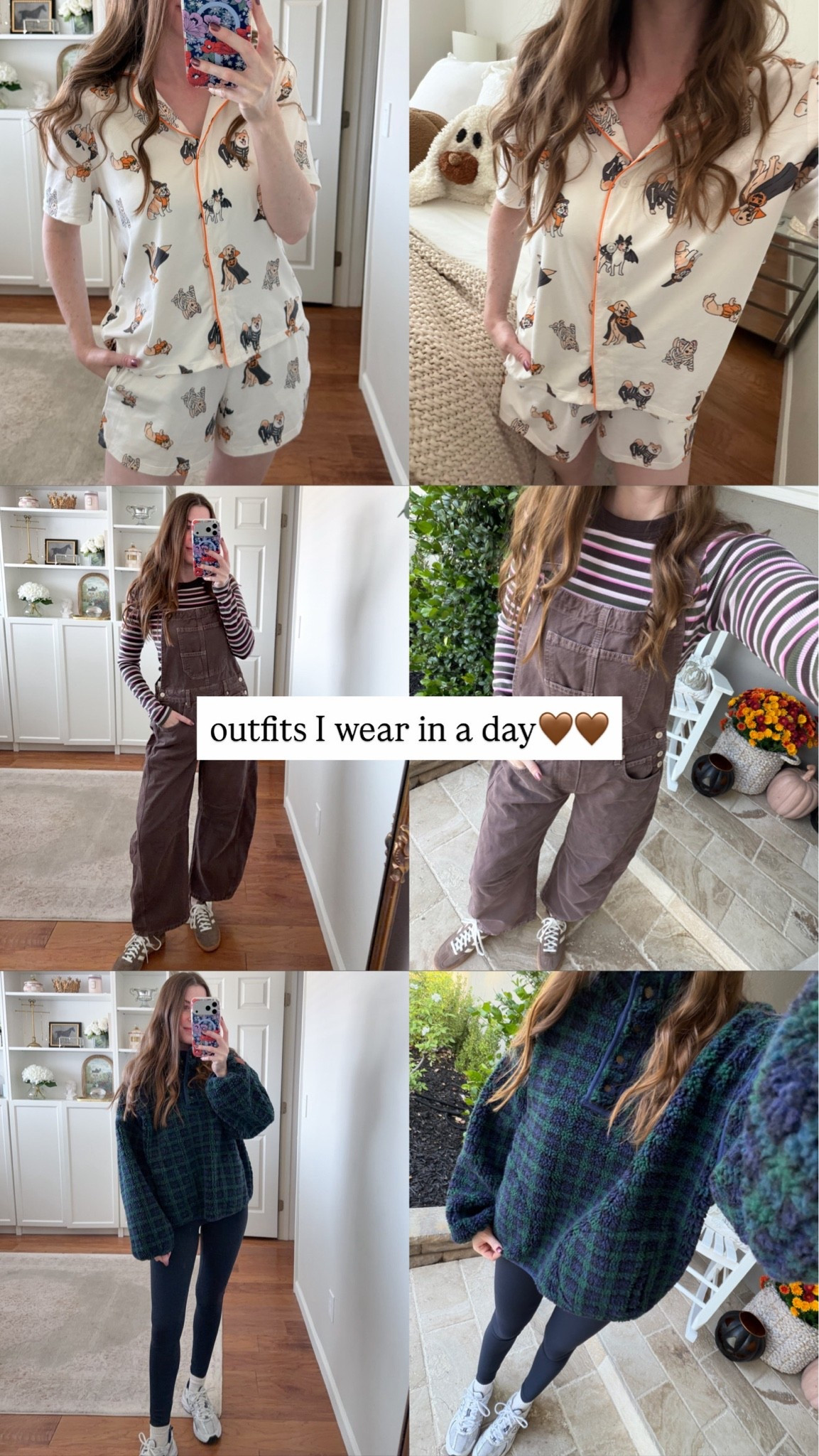 Fall outfits of the day!!
Dog pajamas: S
Striped long sleeve: S
Brown barrel overalls: XS
Plaid pullover: M
Navy leggings: XS