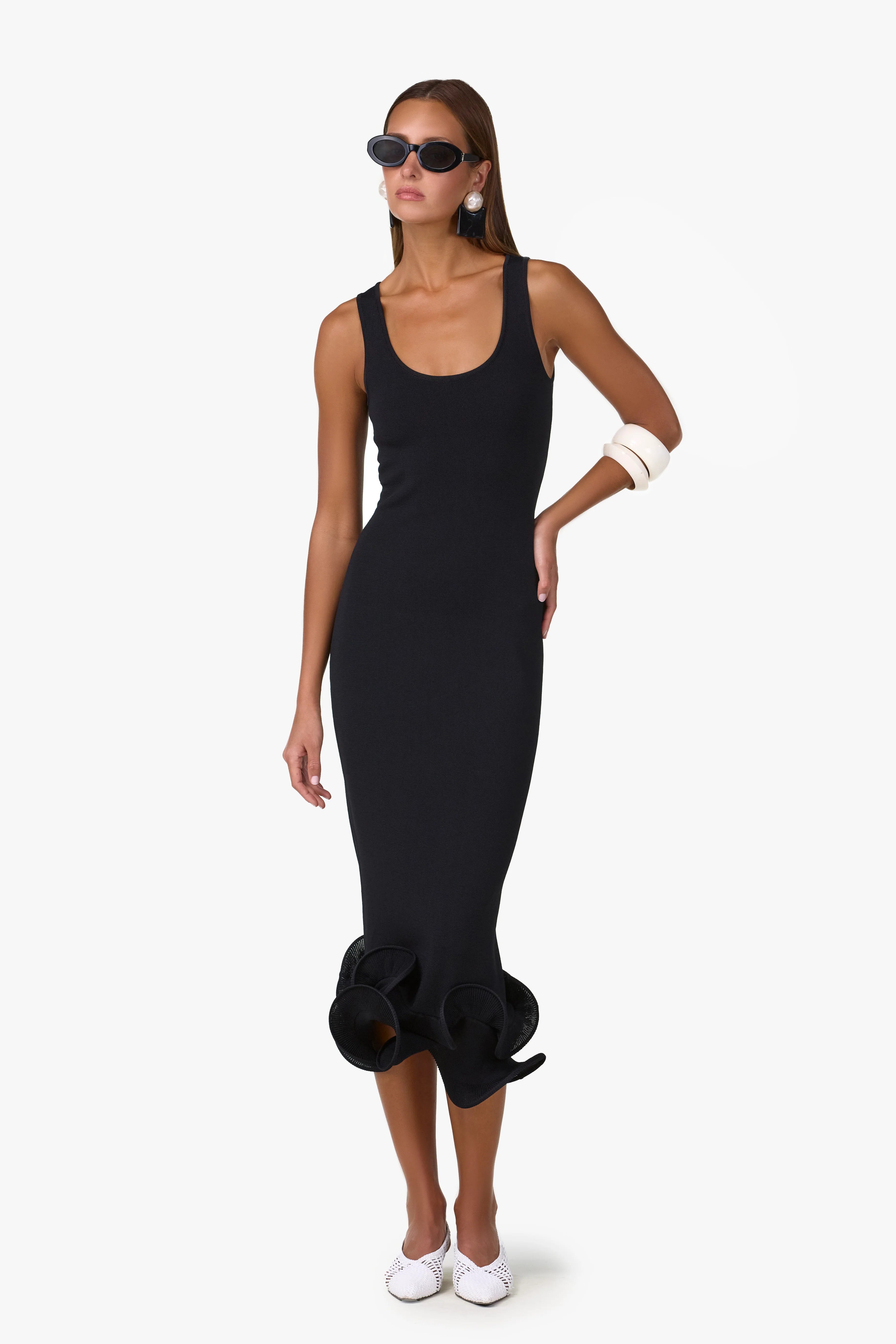 Double Ruffle Hem Midi Dress (Black) | SAME