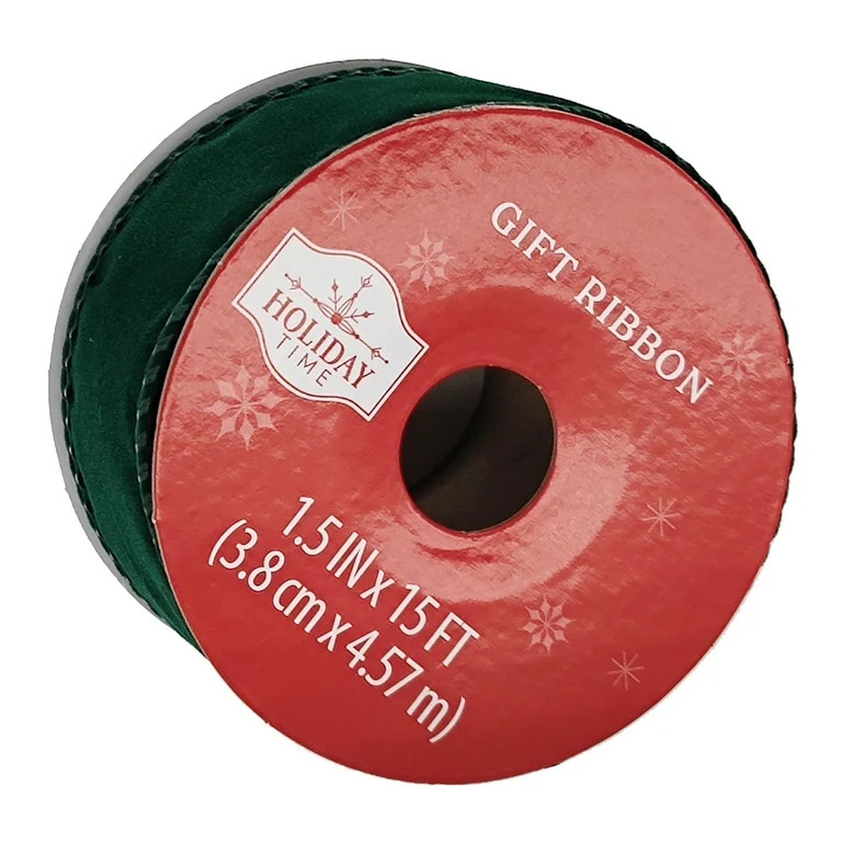 Green Velvet Wired Christmas Ribbon, 1.5" x 15', by Holiday Time | Walmart (US)
