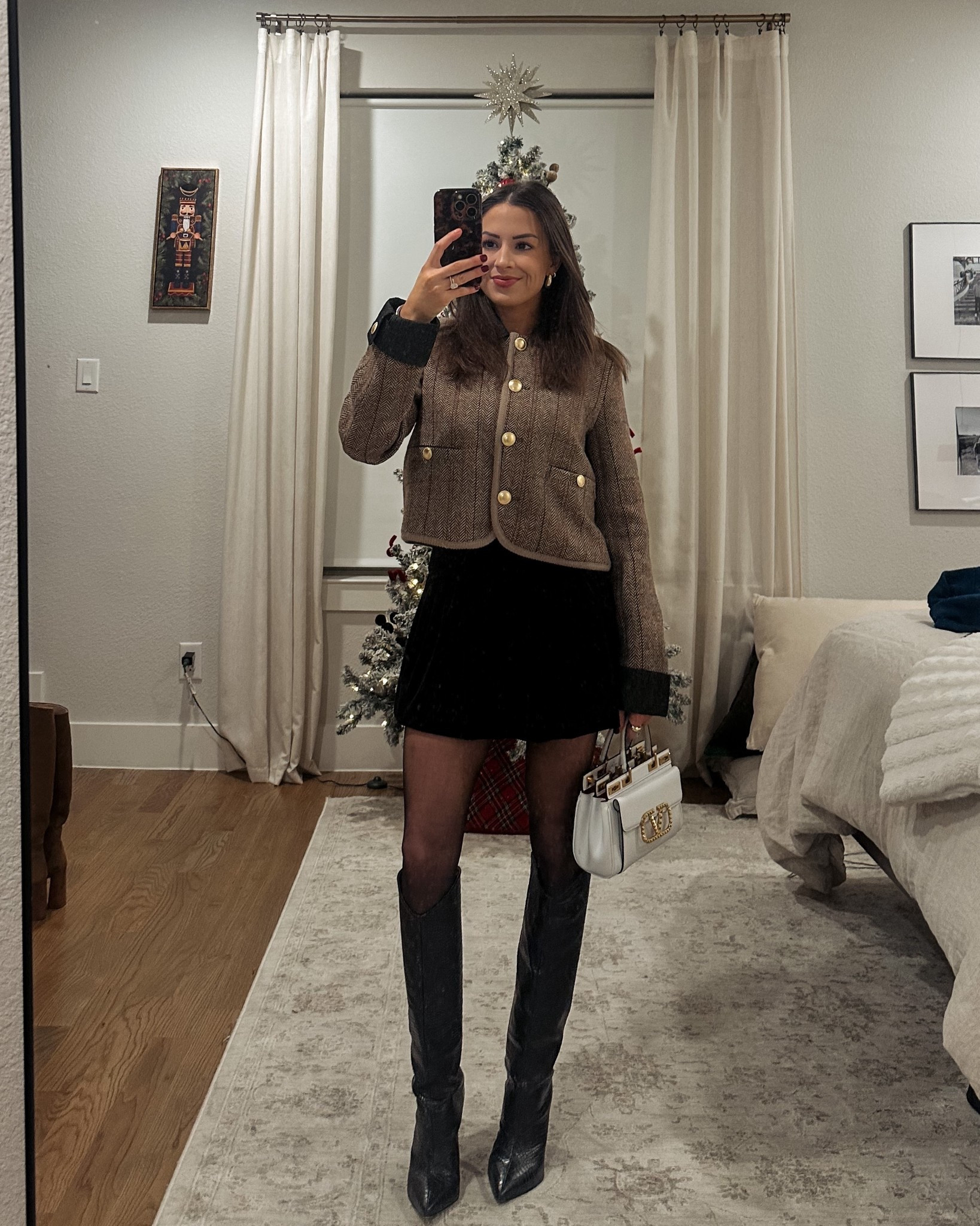 Last nights outfit for a double date 🥂 jacket is Anthropologie but sold out. Linked similar! Some on major sale. 

black mini skirt, black tights outfit, black knee high boots, tweed brown jacket, gold button jacket, winter chic style, date night outfit, winter outfit idea, feminine style 

#LTKootd #LTKSeasonal #LTKSaleAlert