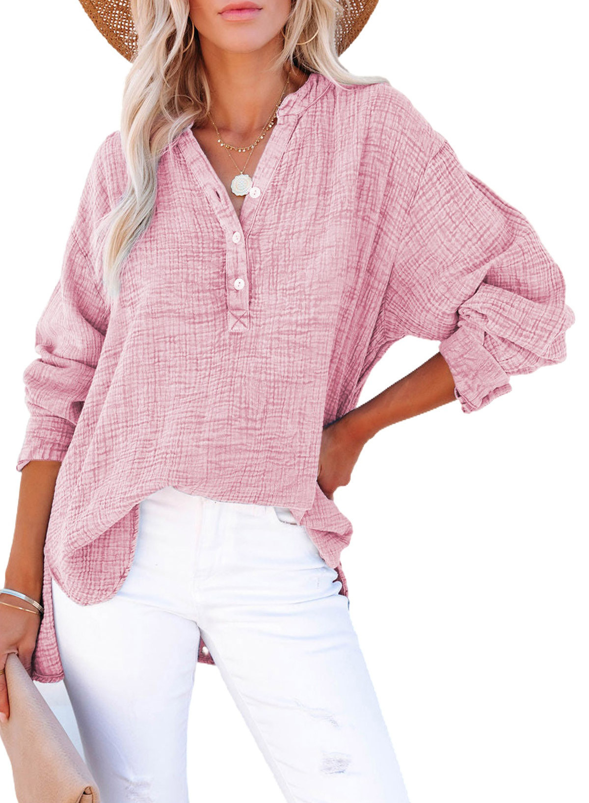 Dokotoo Womens Henley Shirts Button-down Notch V Collar Fall Tunic Tops Casual Solid Color Long S... | Walmart (US)