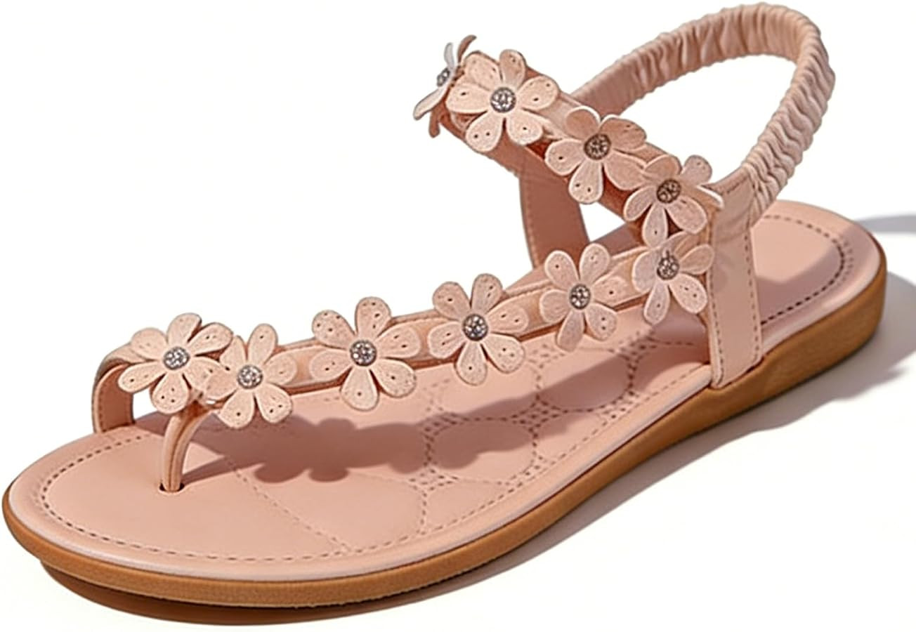 Womens Flower T-Strap Flat Sandals Comfort Slip On Open Toe Ankle Strap Thong Summer Sandals Beac... | Amazon (US)