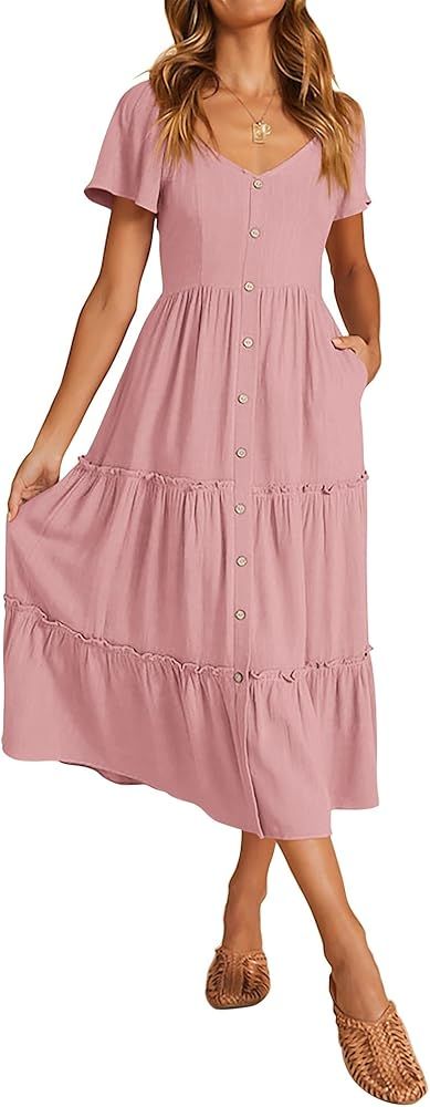 KIRUNDO Womens Summer Dresses 2024 Casual Short Sleeve Button V Neck Tiered A Line Flowy Beach Mi... | Amazon (US)